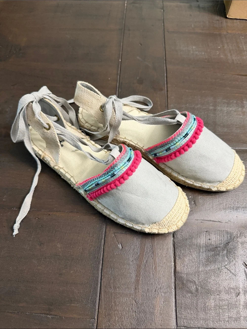 Qupid Light Gray Espadrille Flats with Pink & Aqua Trim